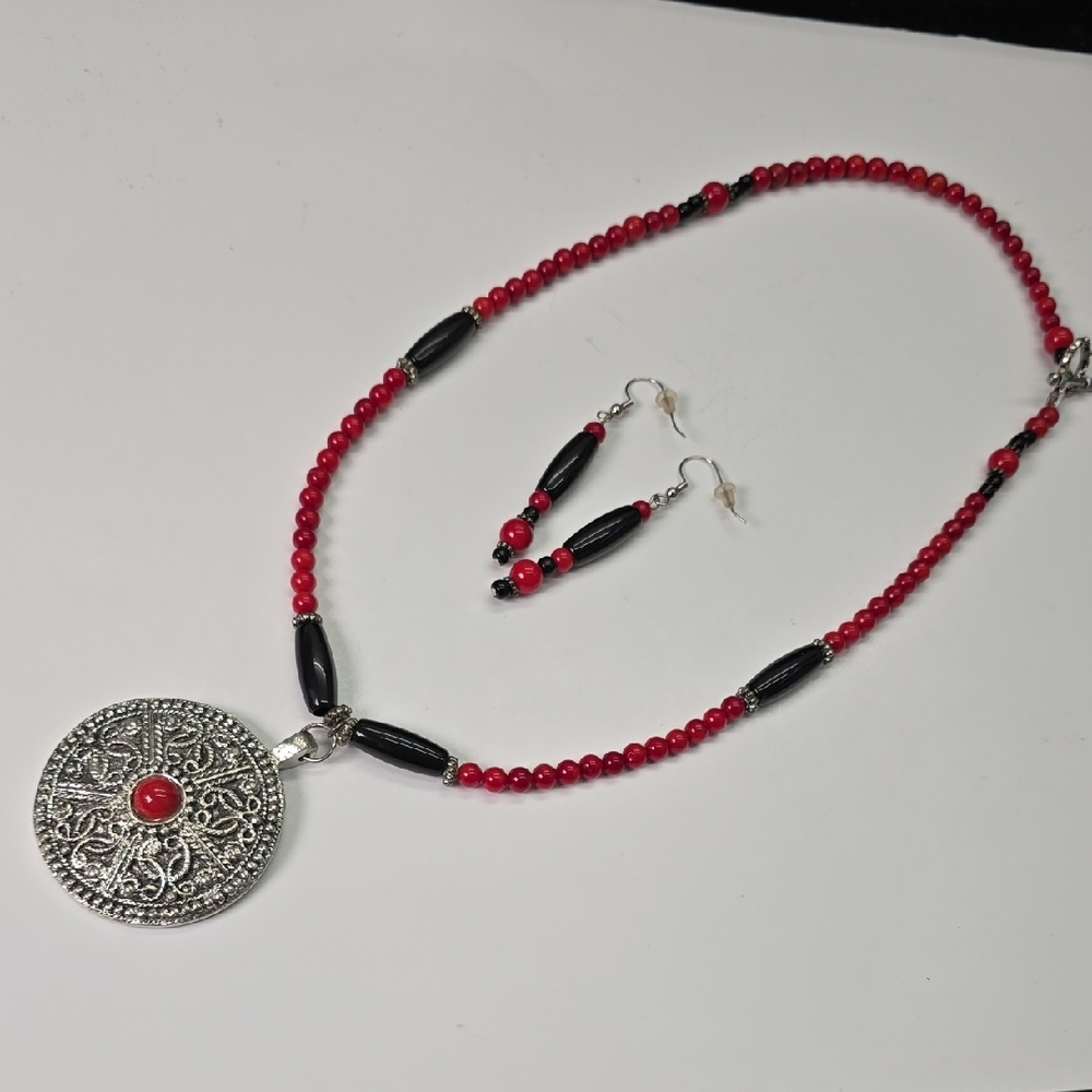 Red and Black Beaded Necklace with Silver Pendant